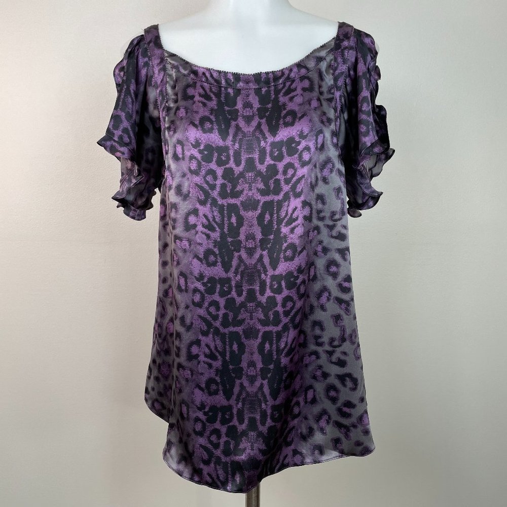 Rebecca Taylor Top 6 Leopard Purple Gray Silk Cold‎ Shoulder Blouse Women's